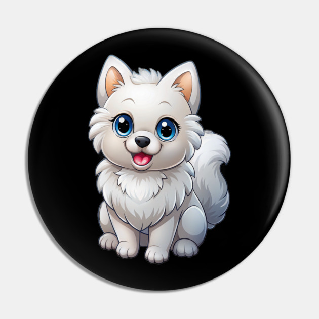 Cute Kawaii White Pomeranian Puppy Artwork Pin by IamActiveDog