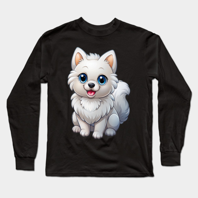Cute Kawaii White Pomeranian Puppy Artwork Long Sleeve T-Shirt by IamActiveDog