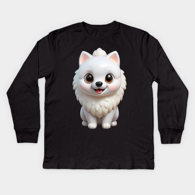 Adorable Kawaii White Pomeranian Puppy Cartoon Illustration Kids Long Sleeve T-Shirt by IamActiveDog