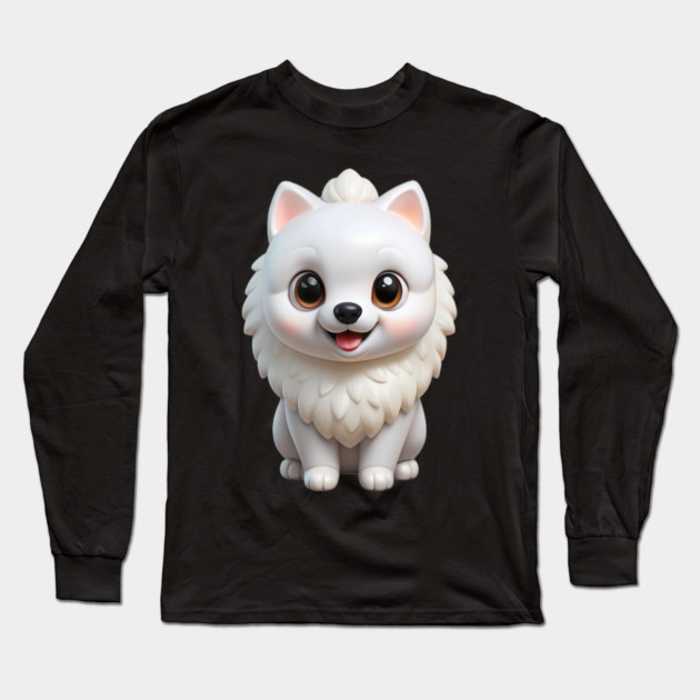 Adorable Kawaii White Pomeranian Puppy Cartoon Illustration Long Sleeve T-Shirt by IamActiveDog