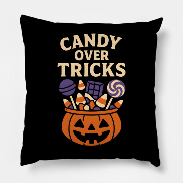 Candy Over Tricks Halloween Pumpkin Candy Graphic Pillow by MakerMind8.2