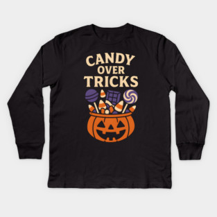 Candy Over Tricks Halloween Pumpkin Candy Graphic Kids Long Sleeve T-Shirt