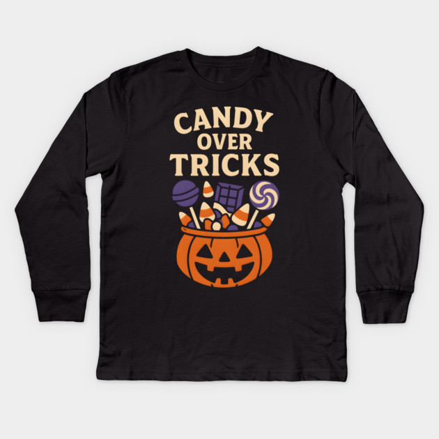 Candy Over Tricks Halloween Pumpkin Candy Graphic Kids Long Sleeve T-Shirt by MakerMind8.2