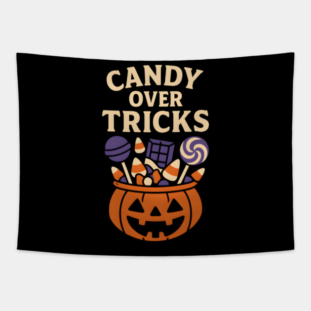 Candy Over Tricks Halloween Pumpkin Candy Graphic Tapestry by MakerMind8.2