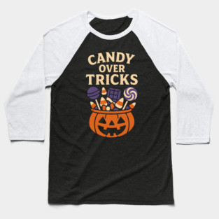 Candy Over Tricks Halloween Pumpkin Candy Graphic Baseball T-Shirt