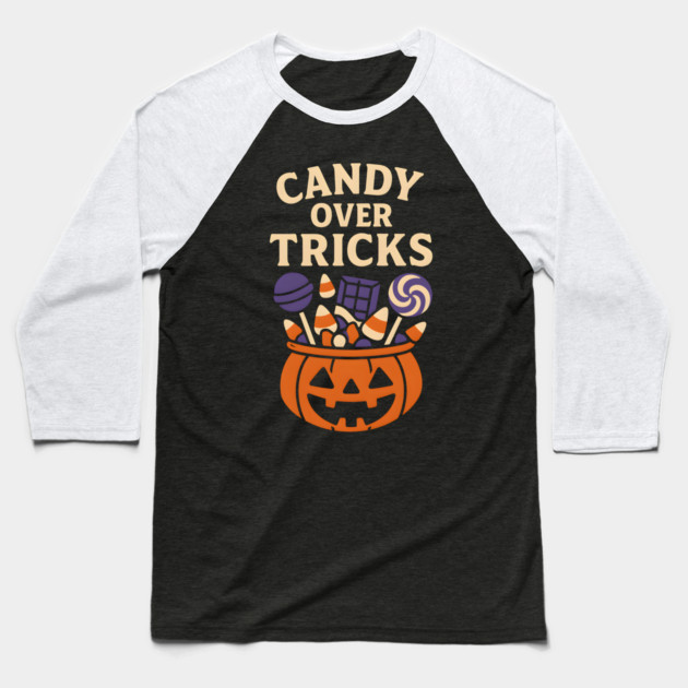 Candy Over Tricks Halloween Pumpkin Candy Graphic Baseball T-Shirt by MakerMind8.2