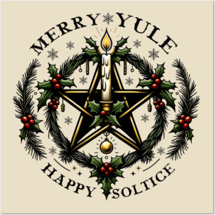 Merry Yule Happy Solstice Pentagram Wreath Posters and Art