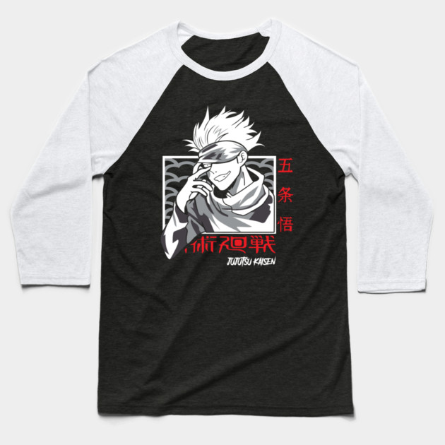 Jujutsu Kaisen Gojo Blindfold Off Moment Baseball T-Shirt by Otaku Vibes