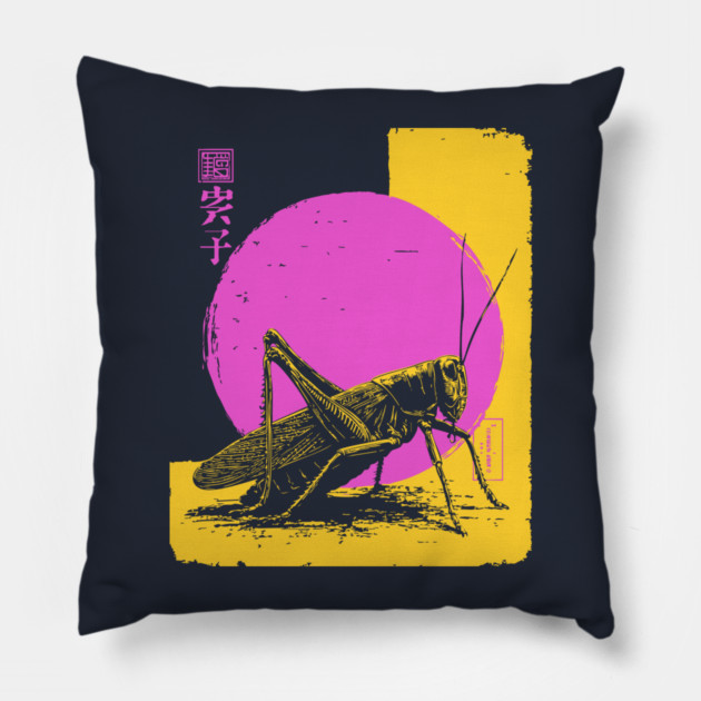 Bold Grasshopper Japanese Art | Pink & Yellow Insect Ukiyo-e Style Pillow by TuncGK