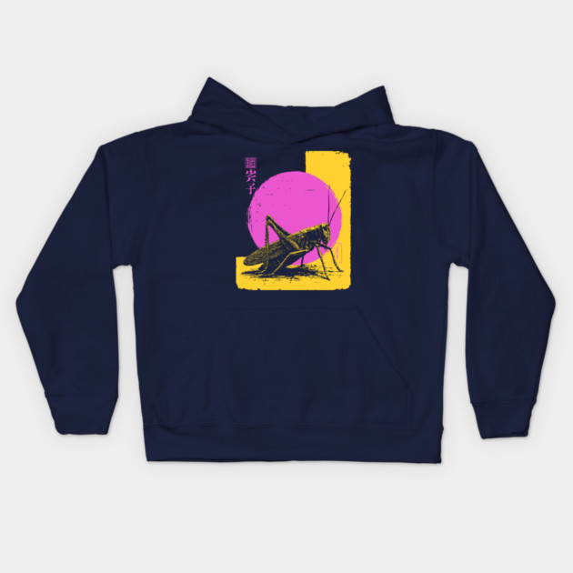 Bold Grasshopper Japanese Art | Pink & Yellow Insect Ukiyo-e Style Kids Hoodie by TuncGK