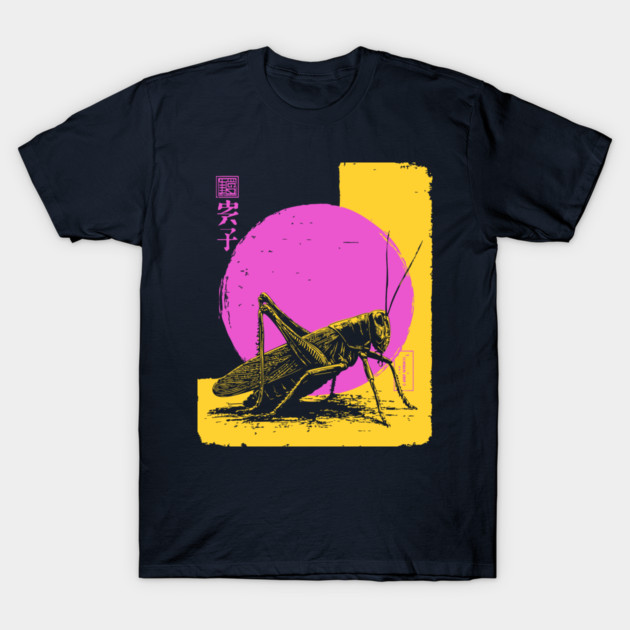 Bold Grasshopper Japanese Art | Pink & Yellow Insect Ukiyo-e Style T-Shirt by TuncGK