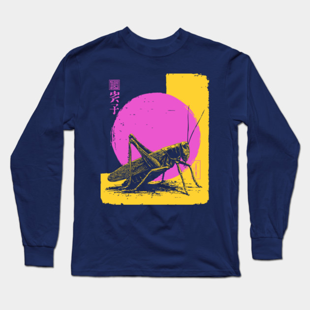 Bold Grasshopper Japanese Art | Pink & Yellow Insect Ukiyo-e Style Long Sleeve T-Shirt by TuncGK