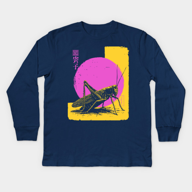 Bold Grasshopper Japanese Art | Pink & Yellow Insect Ukiyo-e Style Kids Long Sleeve T-Shirt by TuncGK