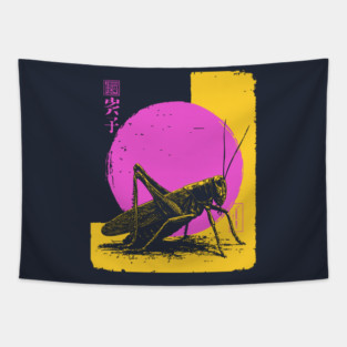 Bold Grasshopper Japanese Art | Pink & Yellow Insect Ukiyo-e Style Tapestry