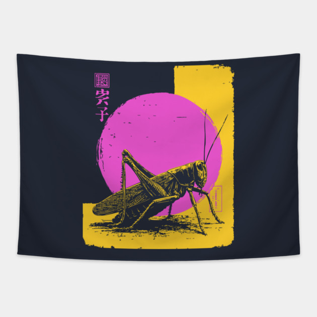 Bold Grasshopper Japanese Art | Pink & Yellow Insect Ukiyo-e Style Tapestry by TuncGK