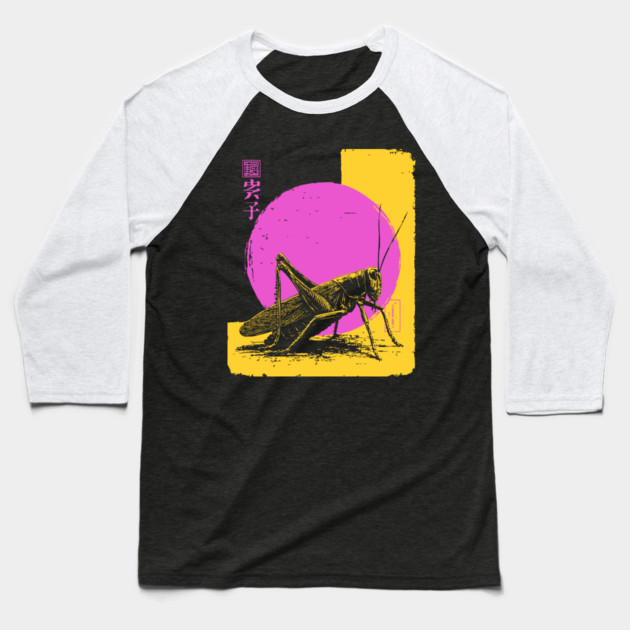 Bold Grasshopper Japanese Art | Pink & Yellow Insect Ukiyo-e Style Baseball T-Shirt by TuncGK
