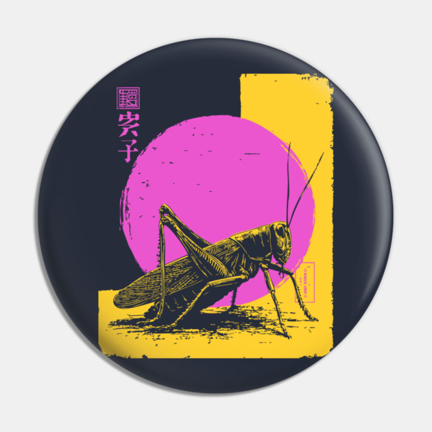 Bold Grasshopper Japanese Art | Pink & Yellow Insect Ukiyo-e Style Pin by TuncGK