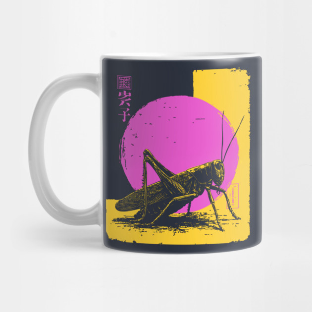 Bold Grasshopper Japanese Art | Pink & Yellow Insect Ukiyo-e Style by TuncGK