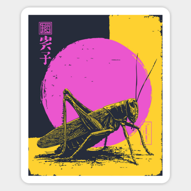 Bold Grasshopper Japanese Art | Pink & Yellow Insect Ukiyo-e Style Magnet by TuncGK