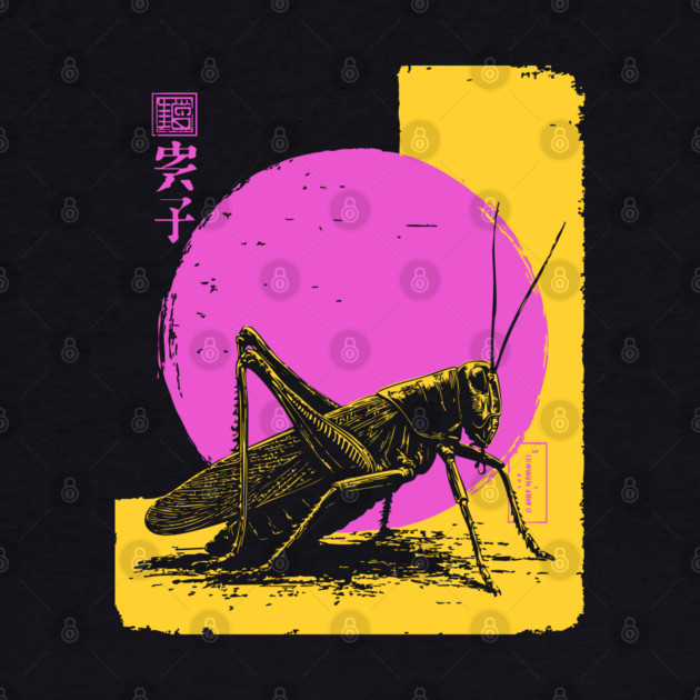 Bold Grasshopper Japanese Art | Pink & Yellow Insect Ukiyo-e Style by TuncGK