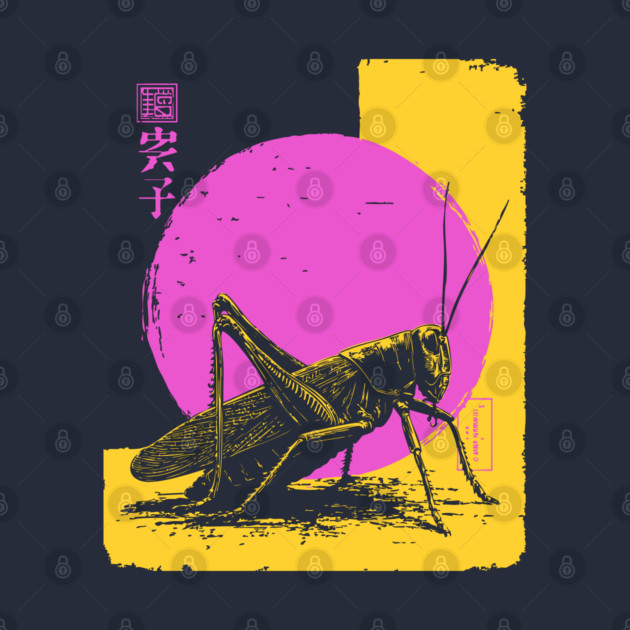 Bold Grasshopper Japanese Art | Pink & Yellow Insect Ukiyo-e Style by TuncGK