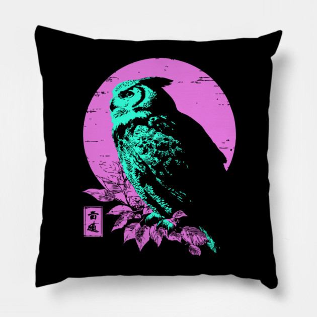 Wise Owl Japanese Art | Teal & Pink Night Ukiyo-e Style Pillow by TuncGK