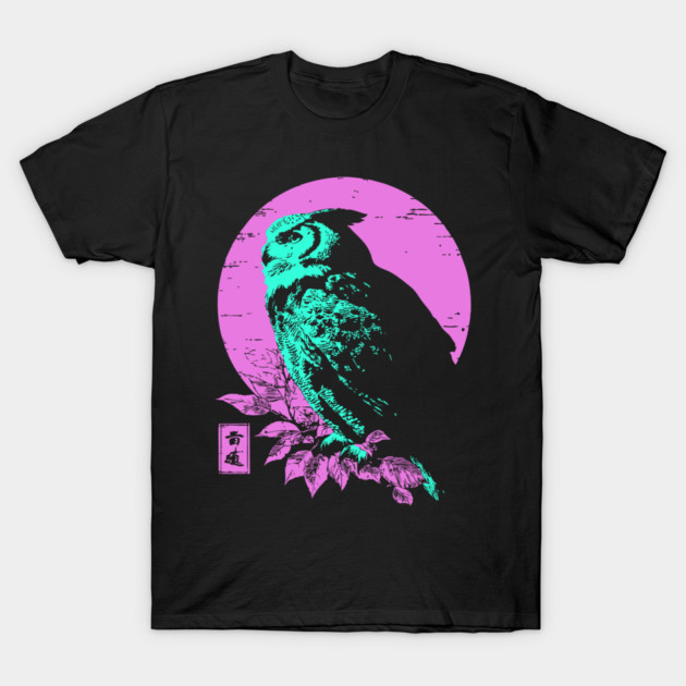 Wise Owl Japanese Art | Teal & Pink Night Ukiyo-e Style T-Shirt by TuncGK
