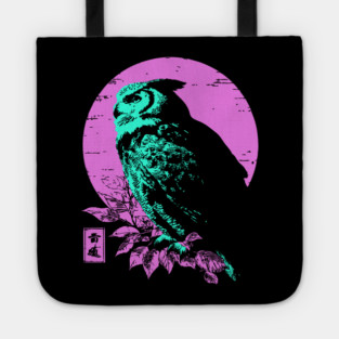 Wise Owl Japanese Art | Teal & Pink Night Ukiyo-e Style Tote