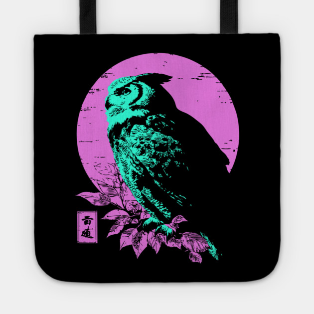 Wise Owl Japanese Art | Teal & Pink Night Ukiyo-e Style Tote by TuncGK
