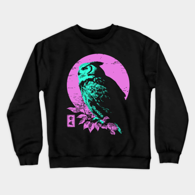 Wise Owl Japanese Art | Teal & Pink Night Ukiyo-e Style Crewneck Sweatshirt by TuncGK