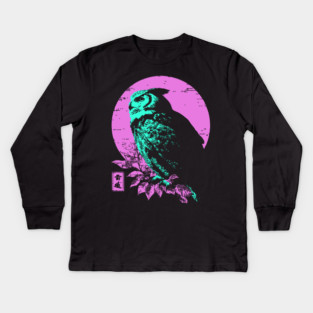 Wise Owl Japanese Art | Teal & Pink Night Ukiyo-e Style Kids Long Sleeve T-Shirt