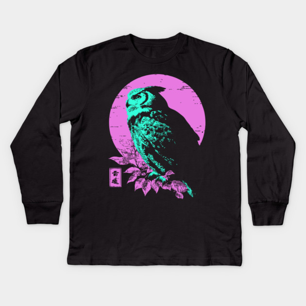 Wise Owl Japanese Art | Teal & Pink Night Ukiyo-e Style Kids Long Sleeve T-Shirt by TuncGK