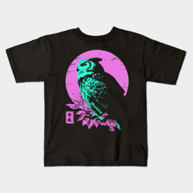 Wise Owl Japanese Art | Teal & Pink Night Ukiyo-e Style Kids T-Shirt by TuncGK