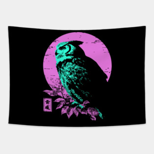 Wise Owl Japanese Art | Teal & Pink Night Ukiyo-e Style Tapestry