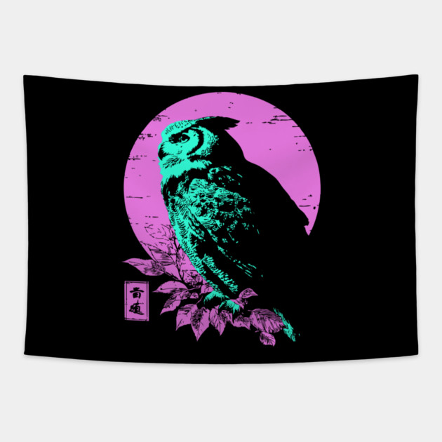 Wise Owl Japanese Art | Teal & Pink Night Ukiyo-e Style Tapestry by TuncGK