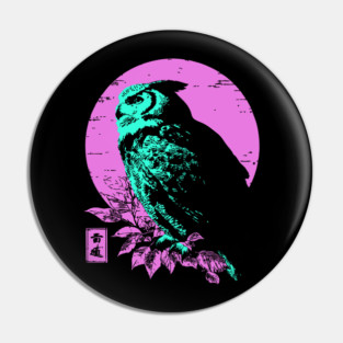 Wise Owl Japanese Art | Teal & Pink Night Ukiyo-e Style Pin