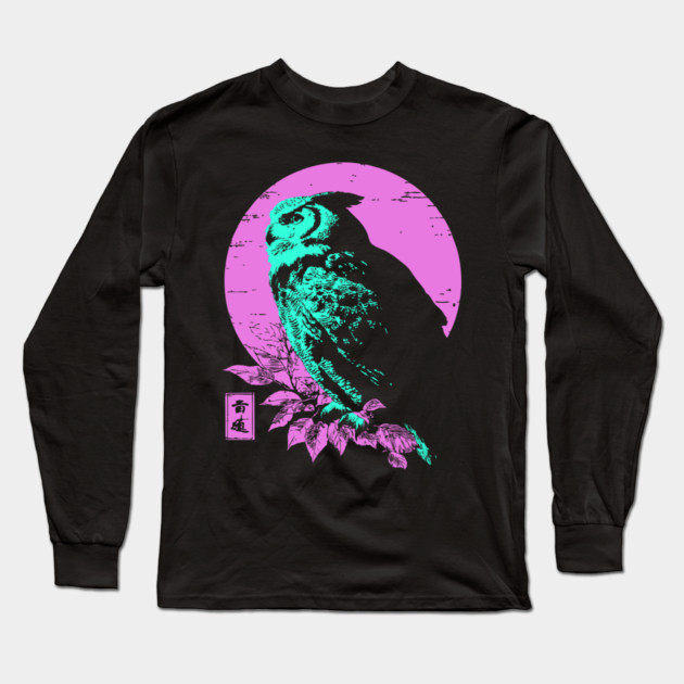 Wise Owl Japanese Art | Teal & Pink Night Ukiyo-e Style Long Sleeve T-Shirt by TuncGK