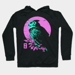 Wise Owl Japanese Art | Teal & Pink Night Ukiyo-e Style Hoodie