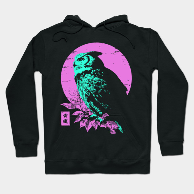 Wise Owl Japanese Art | Teal & Pink Night Ukiyo-e Style Hoodie by TuncGK