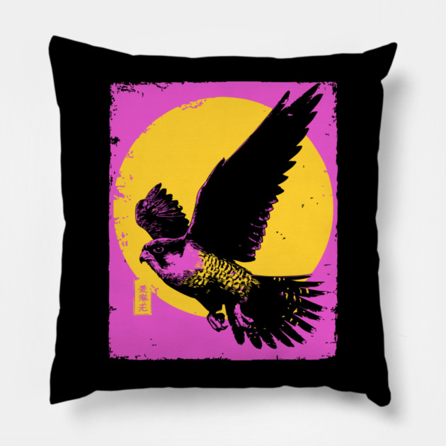Soaring Hawk Japanese Art | Yellow Sun Ukiyo-e Style Pillow by TuncGK
