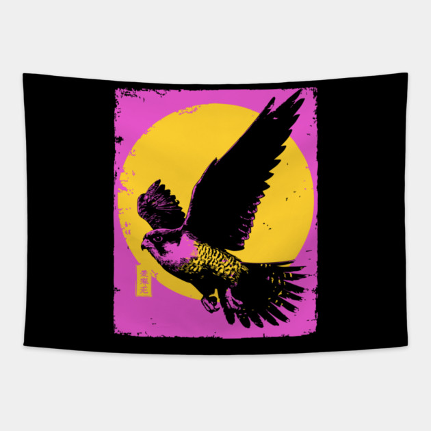 Soaring Hawk Japanese Art | Yellow Sun Ukiyo-e Style Tapestry by TuncGK