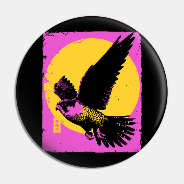 Soaring Hawk Japanese Art | Yellow Sun Ukiyo-e Style Pin by TuncGK