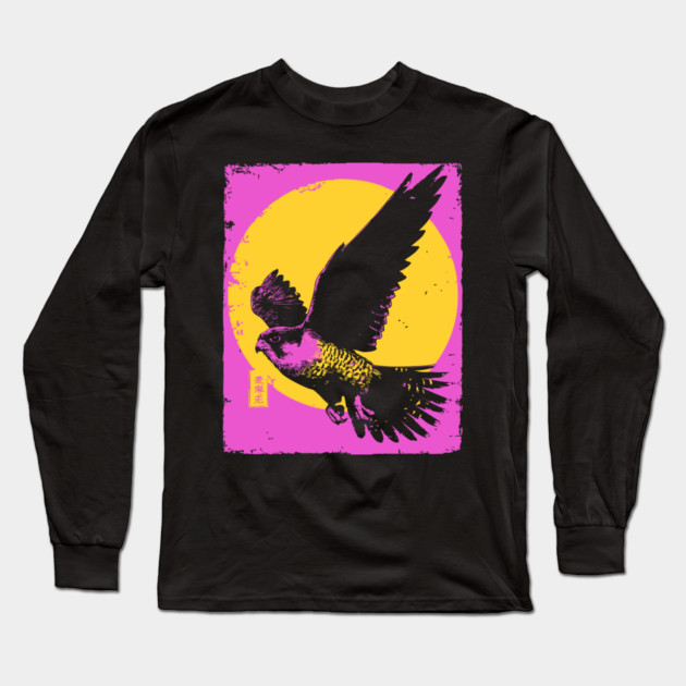 Soaring Hawk Japanese Art | Yellow Sun Ukiyo-e Style Long Sleeve T-Shirt by TuncGK