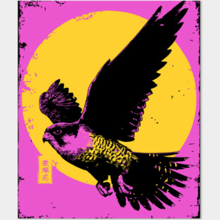 Soaring Hawk Japanese Art | Yellow Sun Ukiyo-e Style Posters and Art