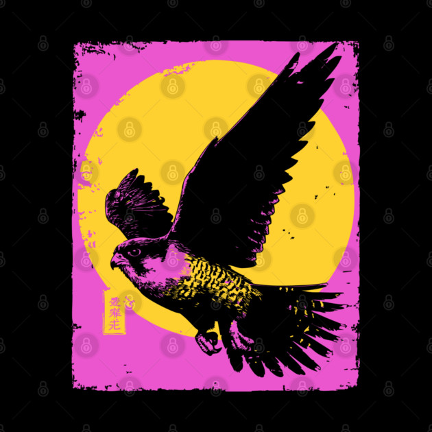 Soaring Hawk Japanese Art | Yellow Sun Ukiyo-e Style by TuncGK