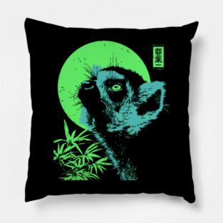 Curious Lemur Japanese Art | Teal & Green Jungle Ukiyo-e Style Pillow