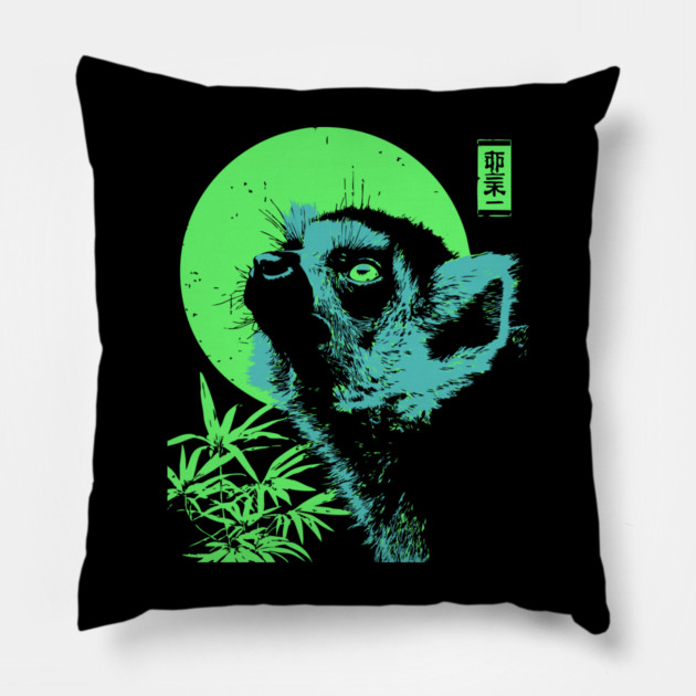 Curious Lemur Japanese Art | Teal & Green Jungle Ukiyo-e Style Pillow by TuncGK
