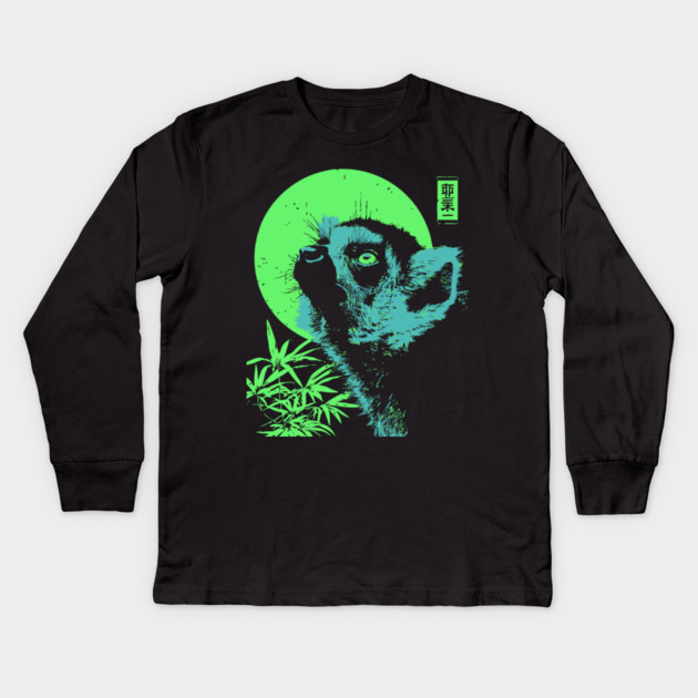 Curious Lemur Japanese Art | Teal & Green Jungle Ukiyo-e Style Kids Long Sleeve T-Shirt by TuncGK
