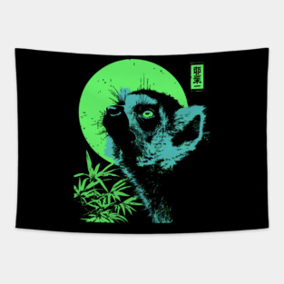 Curious Lemur Japanese Art | Teal & Green Jungle Ukiyo-e Style Tapestry
