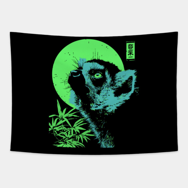 Curious Lemur Japanese Art | Teal & Green Jungle Ukiyo-e Style Tapestry by TuncGK